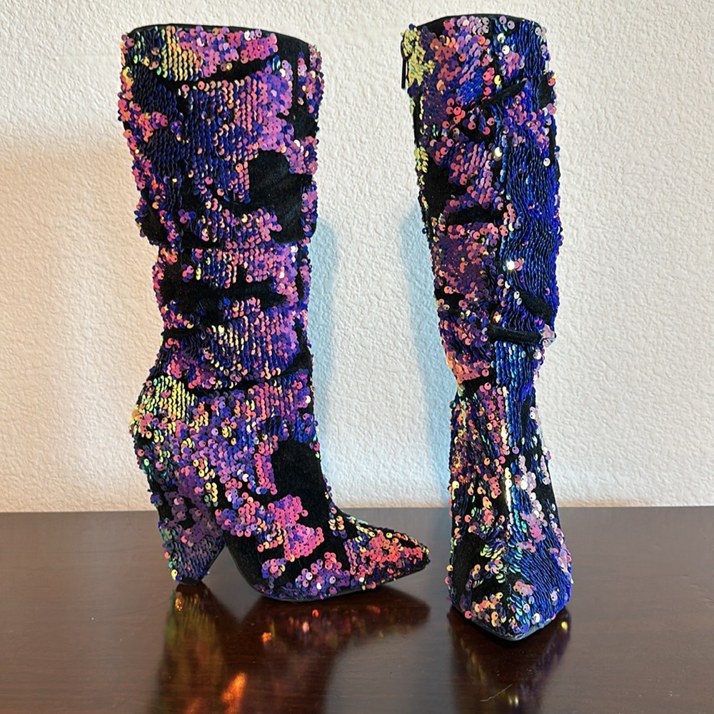 Women’s Heeled Sequin Boot 7.5 Black with Pink/Purple/Blue Sequin